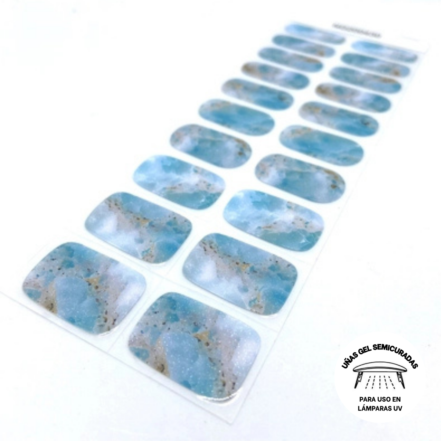 Uñas Gel Semi curado Manicure -  Azul Drive ( Manchitas Celestes, blancas y plateado con brillos)