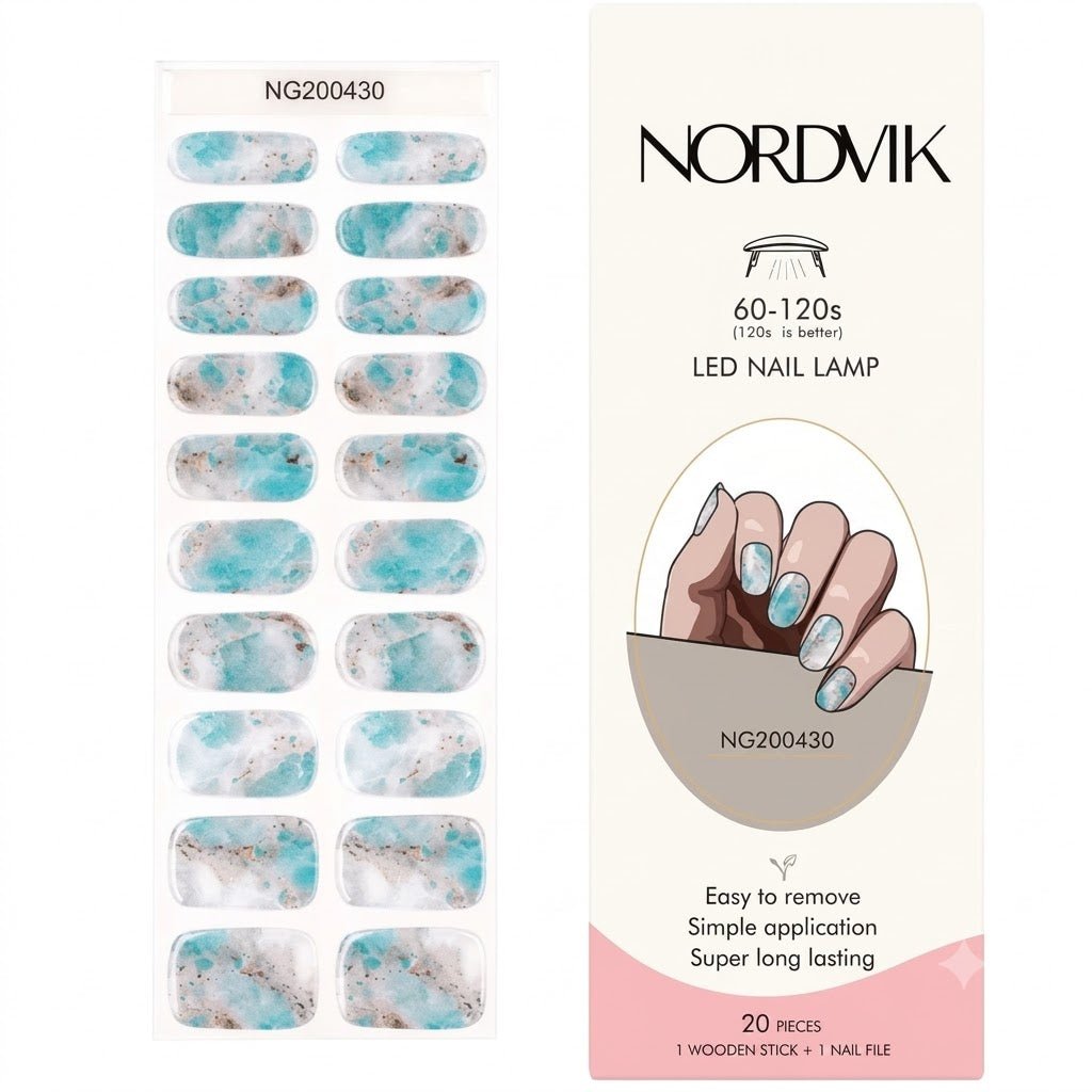 Uñas Gel Semi curado Manicure - Azul Drive ( Manchitas Celestes, blancas y plateado con brillos) - Nordvik London