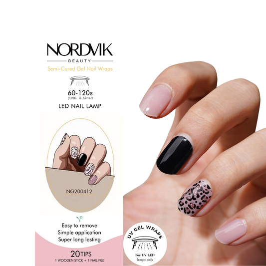 Uñas Gel Semi curado Manicure - Negras con Animal Print rosado