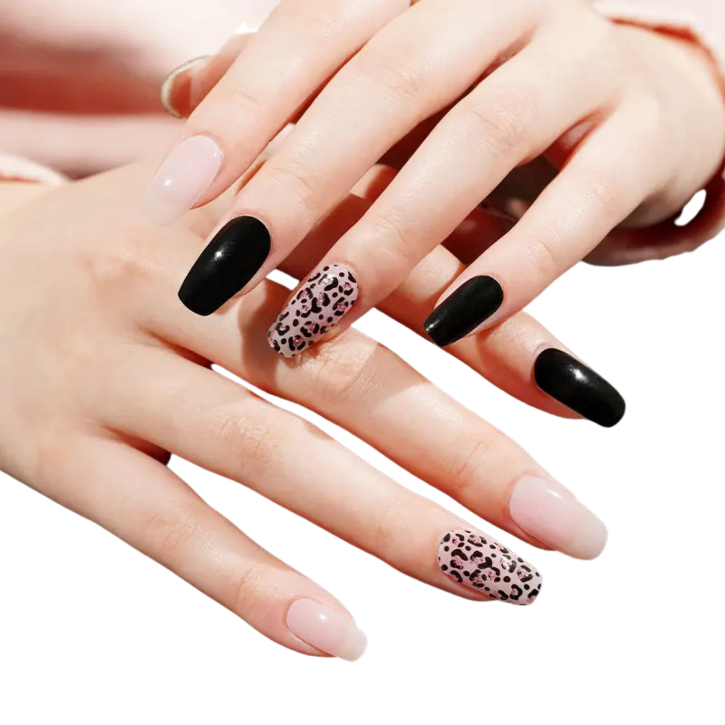 Uñas Gel Semi curado Manicure - Negras con Animal Print rosado