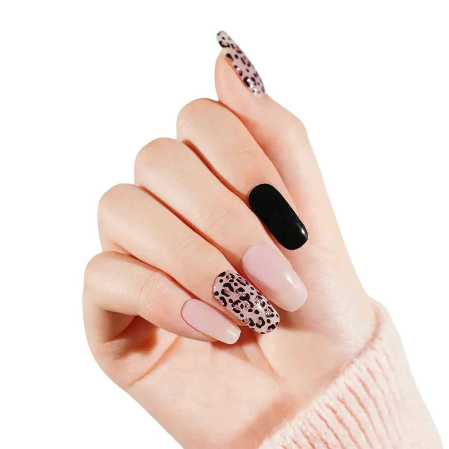 Uñas Gel Semi curado Manicure - Negras con Animal Print rosado