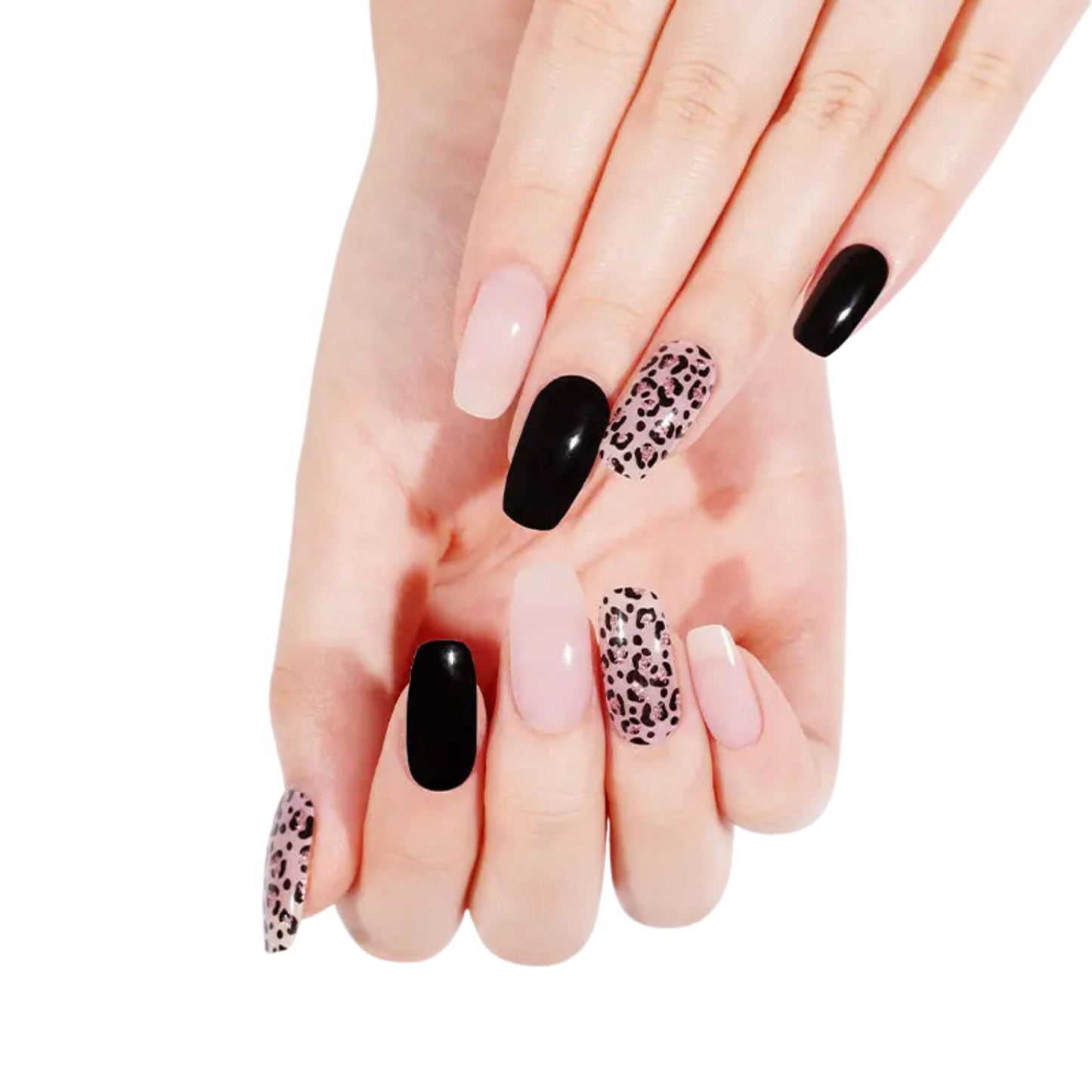 Uñas Gel Semi curado Manicure - Negras con Animal Print rosado