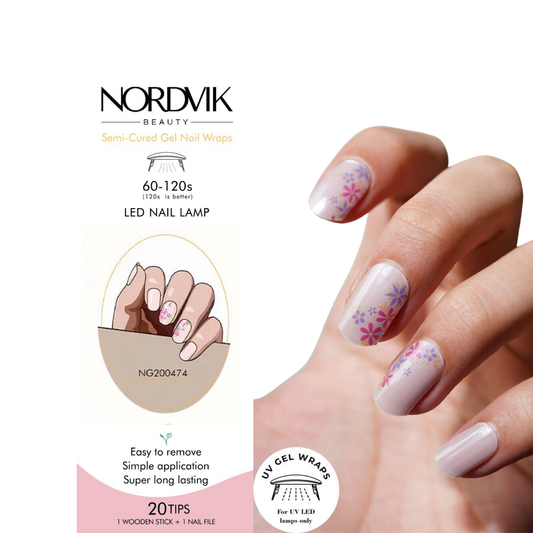 Uñas Gel Semi curado Manicure - Rosado Perlado detalle Flores lila